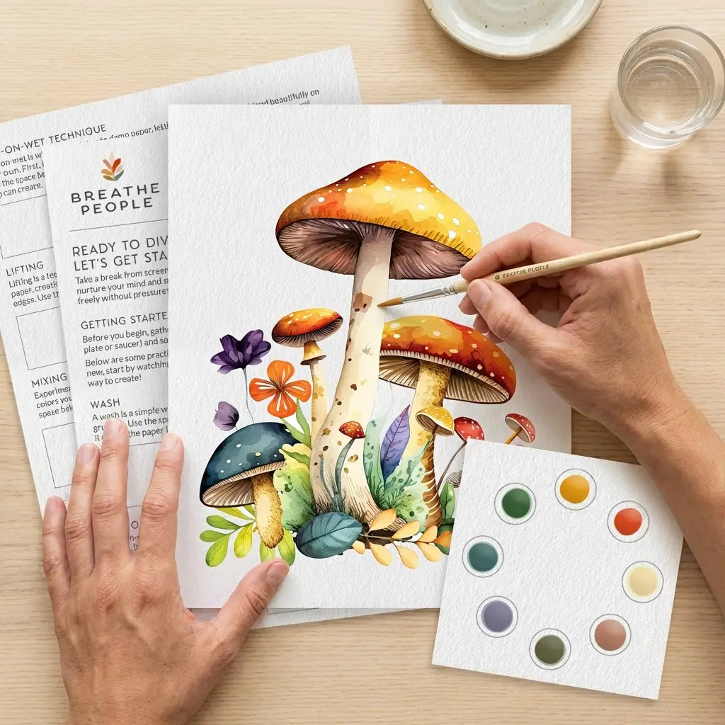 Hands painting the mushroom watercolor outline with the kit's brush and paint card