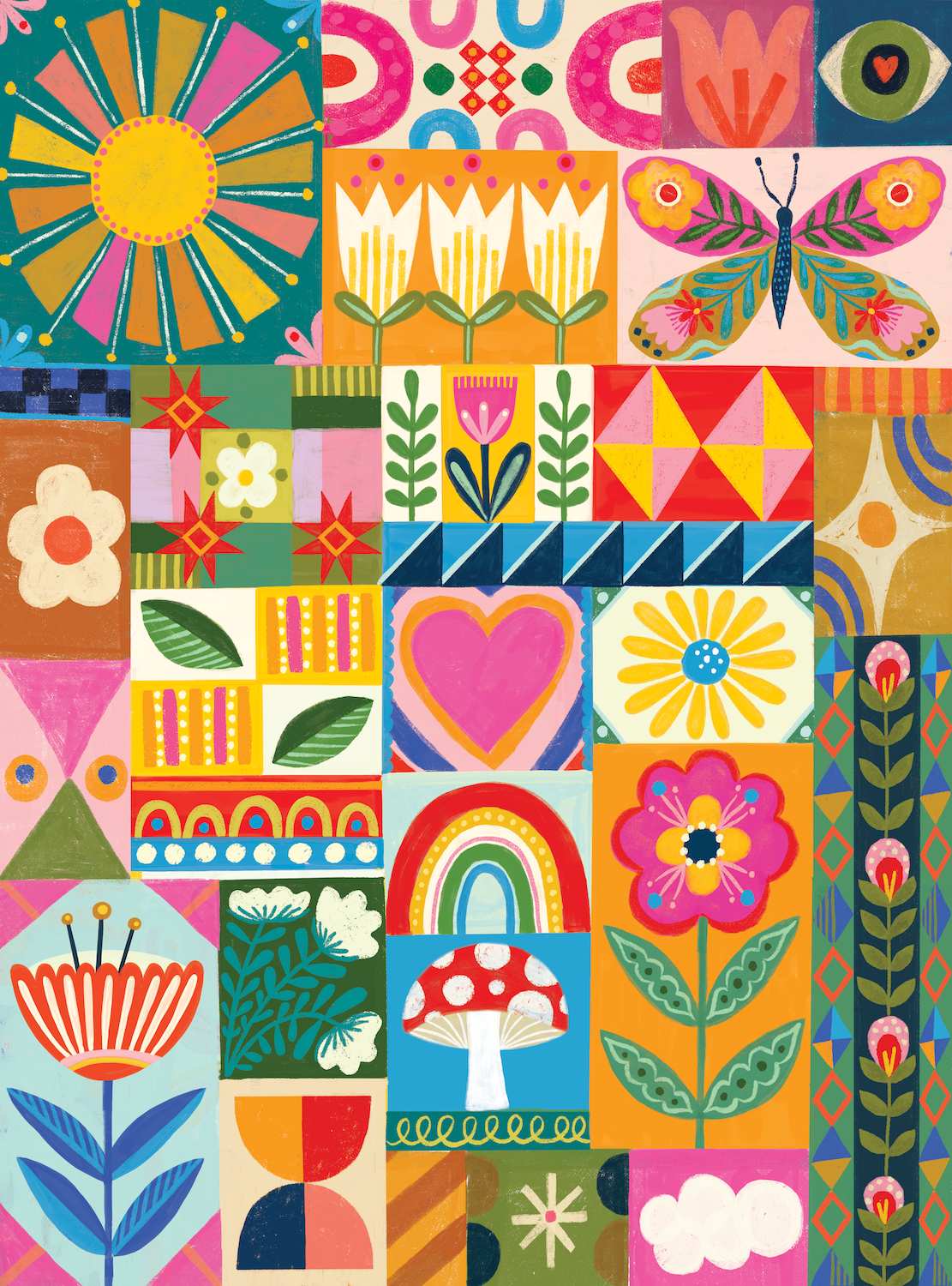 Close-up of the Choose Happy puzzle artwork showing the sun, butterfly, heart and mushroom tiles