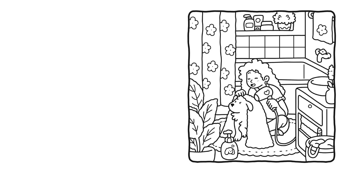 Sample Girl Moments coloring page: a girl blow-drying her dog in the bathroom