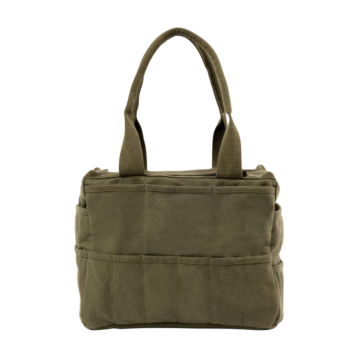 Back of the olive green Soolla craft bag with open outer pockets