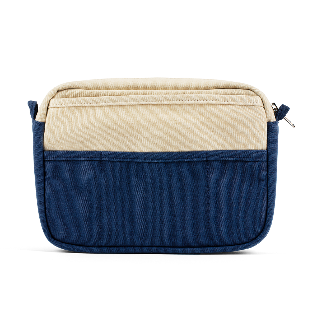 Back of the navy and cream Soolla pouch with three open pockets