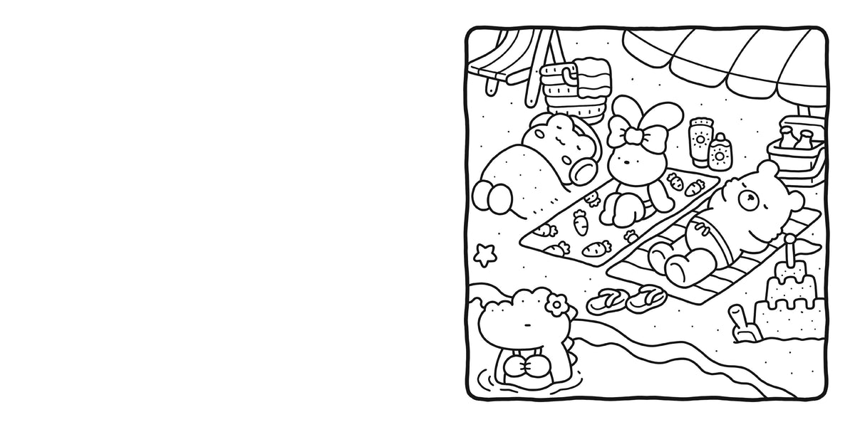 Sample Cozy Friends coloring page: cute animals relaxing at the beach