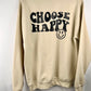 Sand Choose Happy crewneck on a hanger showing the back print