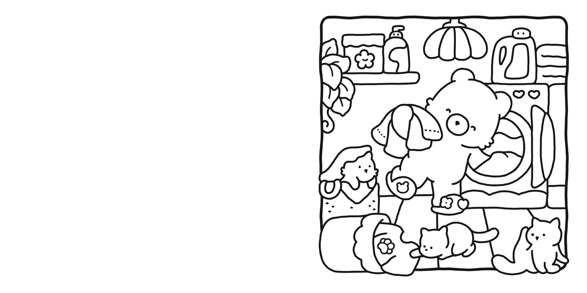 Sample Cozy Friends coloring page: a bear doing laundry with cats