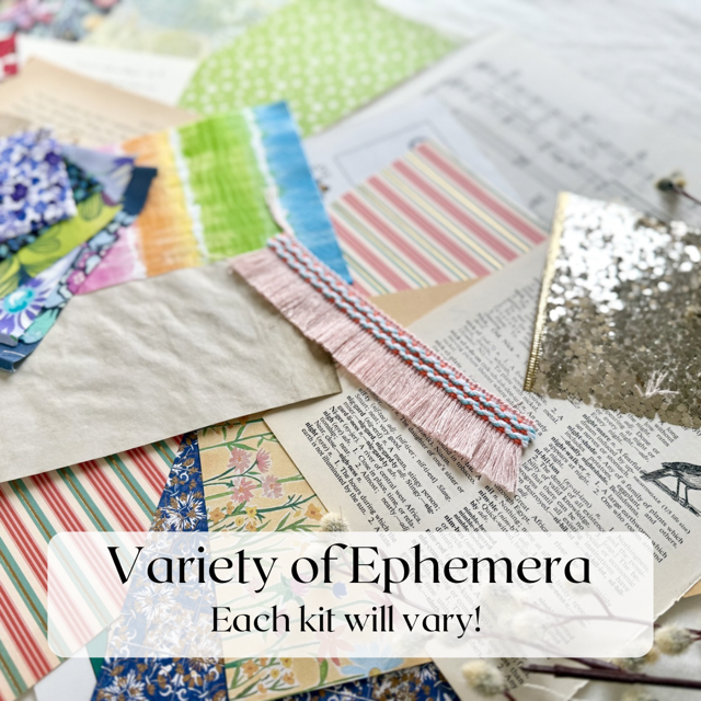 Assorted ephemera sample: patterned papers, pink fringe trim, gold glitter paper and vintage book pages; contents vary by kit