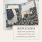 Open folio with navy floral pockets full of papers; text reads Replenish ephemera and inserts with a coordinating collection