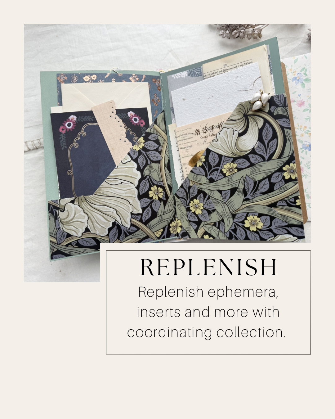 Open folio with navy floral pockets full of papers; text reads Replenish ephemera and inserts with a coordinating collection