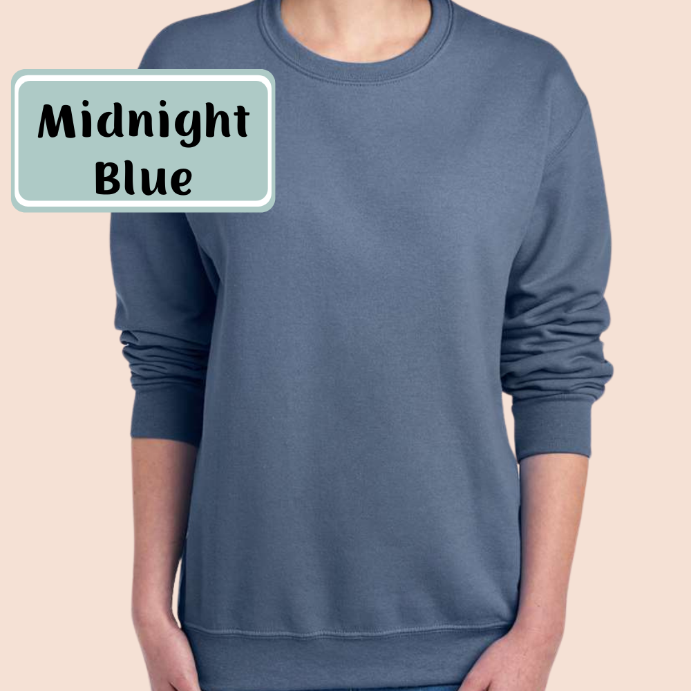 Midnight Blue color option: plain crewneck shown on a model