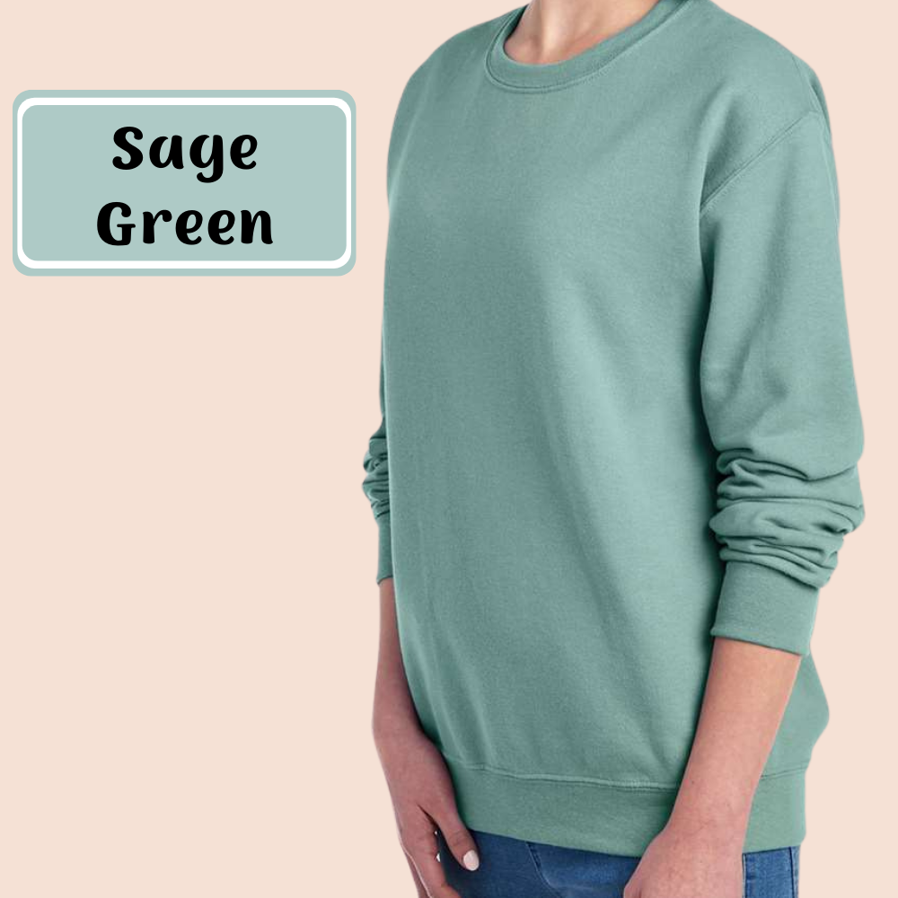 Sage Green color option: plain crewneck shown on a model