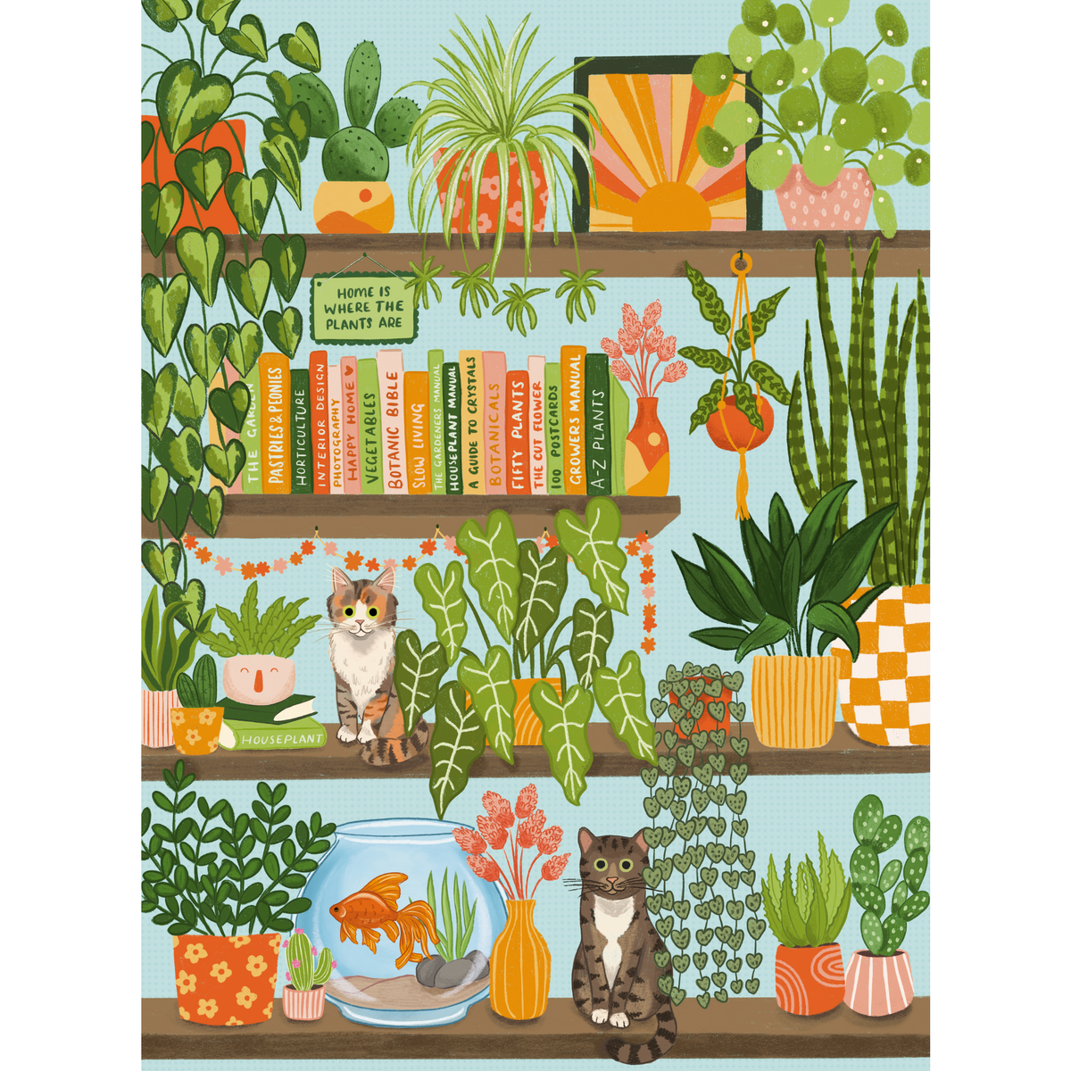 That Plant Life! puzzle artwork: shelves of potted plants, books, a goldfish bowl and two cats