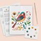 Sweet bird watercolor kit: printed songbird and wildflower outline, eight-color paint card, brush and practice sheets