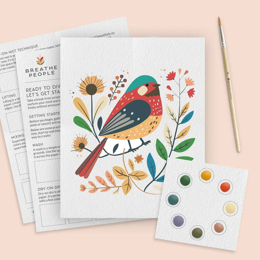 Sweet bird watercolor kit: printed songbird and wildflower outline, eight-color paint card, brush and practice sheets