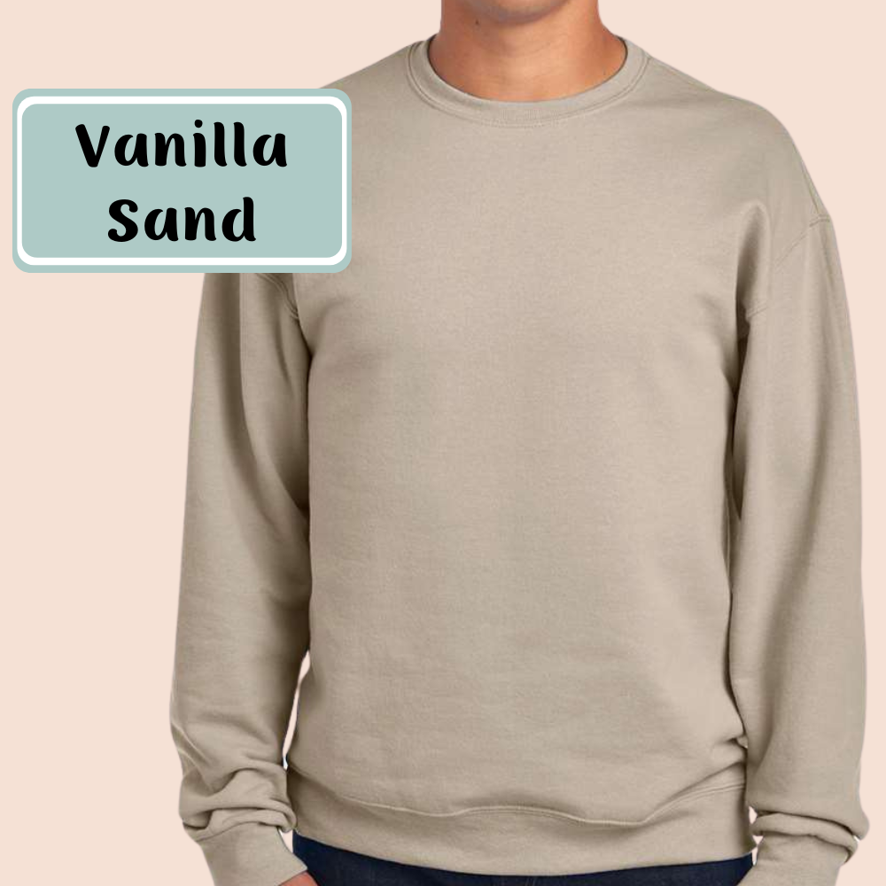 Vanilla Sand color option: plain crewneck shown on a model
