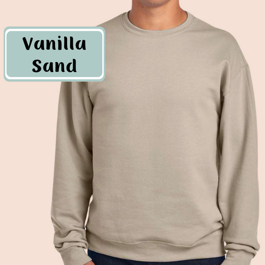 Vanilla Sand color option: plain crewneck shown on a model
