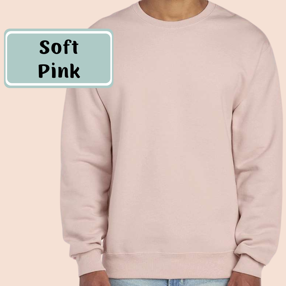 Soft Pink color option: plain crewneck shown on a model