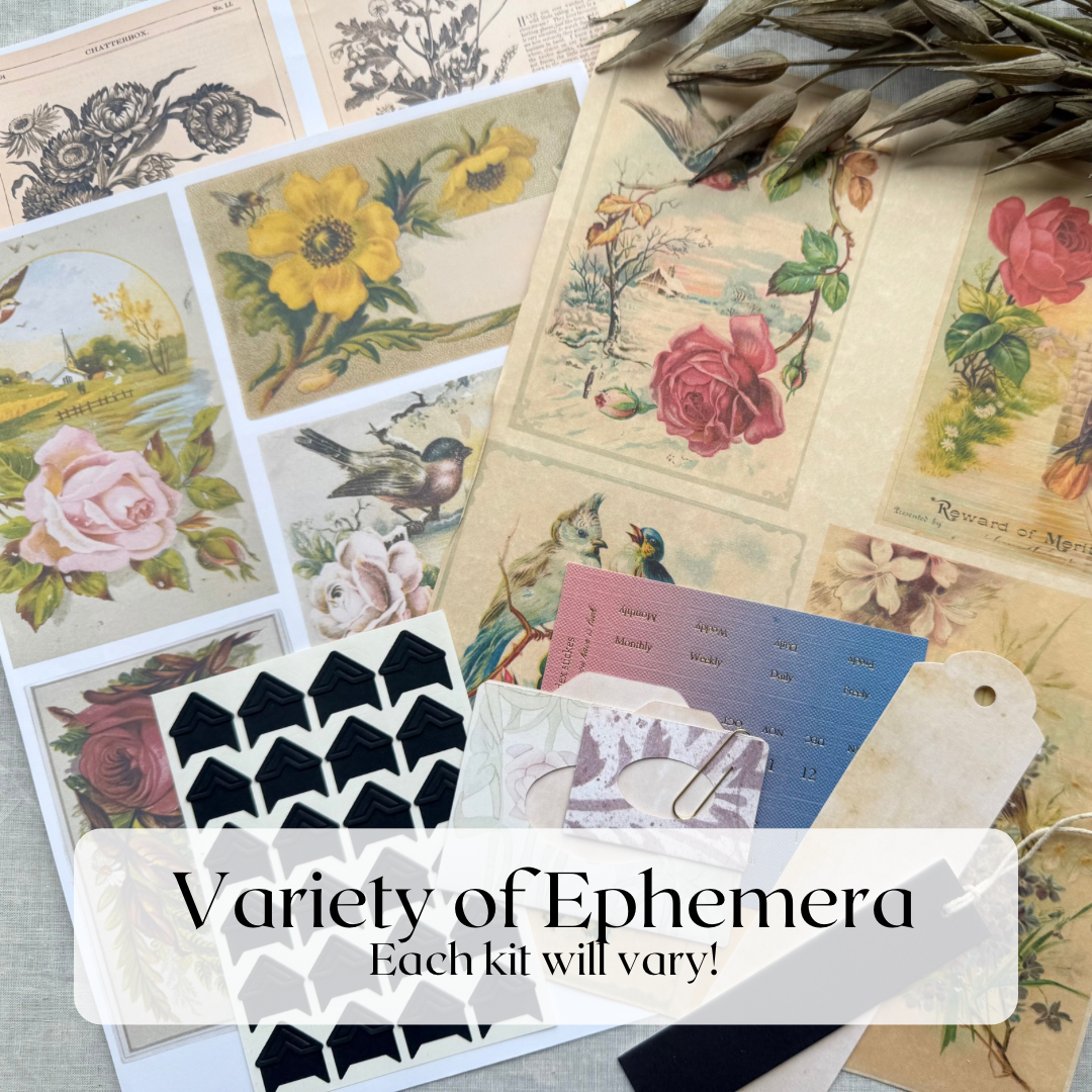 Assorted ephemera sample: vintage floral and songbird prints, black photo corners, tags and a clip; contents vary by kit