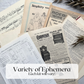 Assorted ephemera sample: sheet music, a vintage sewing pattern and old piano advertisements; contents vary by kit