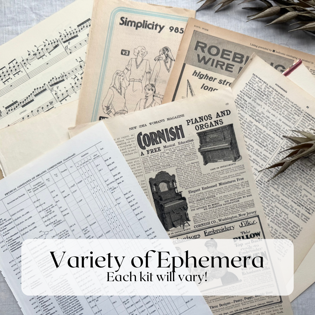 Assorted ephemera sample: sheet music, a vintage sewing pattern and old piano advertisements; contents vary by kit