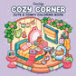 Cozy Corner coloring book cover by Coco Wyo: a cute cozy bedroom with a sleeping cat and plants
