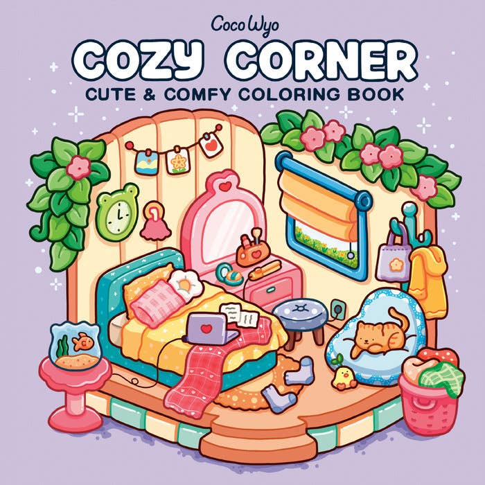 Cozy Corner coloring book cover by Coco Wyo: a cute cozy bedroom with a sleeping cat and plants