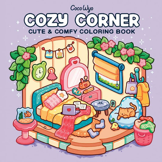 Cozy Corner coloring book cover by Coco Wyo: a cute cozy bedroom with a sleeping cat and plants