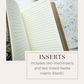 Open journal showing a lined insert and a floral cover; text reads Includes two lined inserts and two blank mixed media inserts