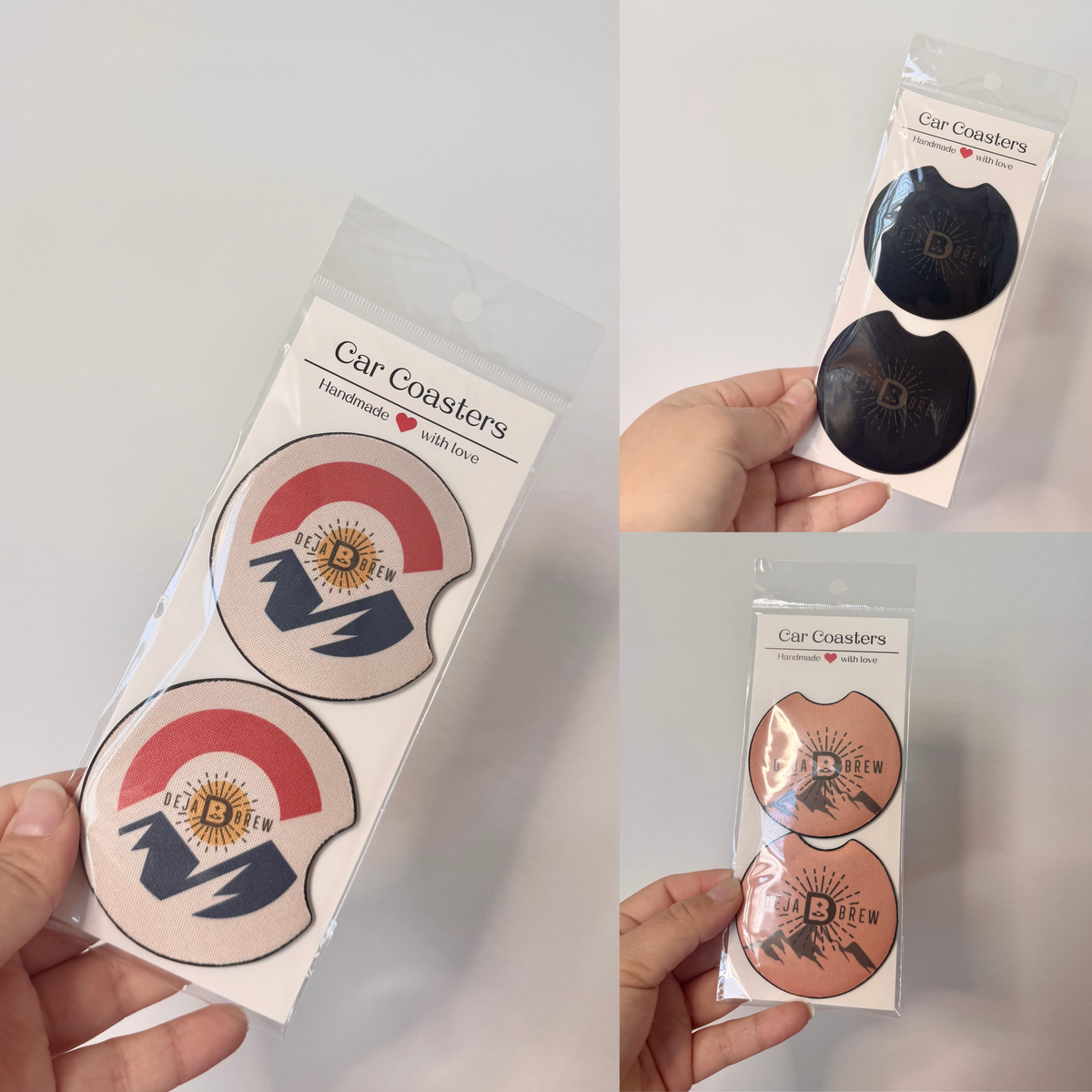 Custom car coasters in three colorways printed with a business logo, in retail packaging