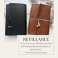 Black and brown leather refillable journals with bead closures; text reads Refillable, one of a kind journal with ephemera and inserts
