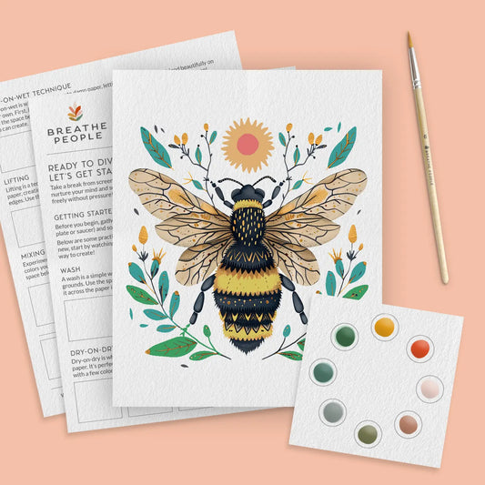 Honey bee watercolor kit: printed bee outline, eight-color paint card, brush and Breathe People practice sheets