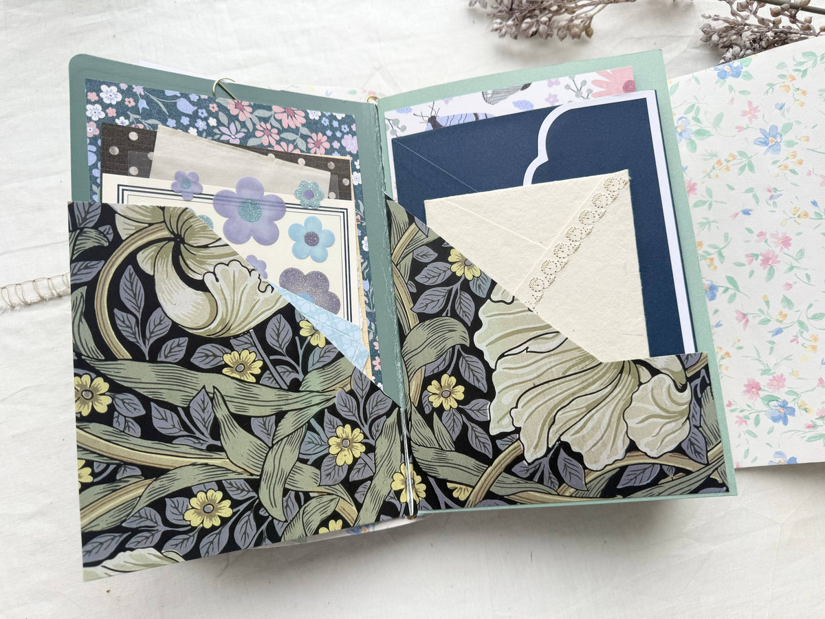 Open journal folio with dark floral pockets holding a patterned card, envelopes and lace-trimmed paper