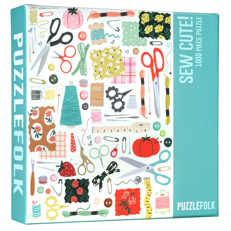 Sew Cute! 1000-piece puzzle box by Puzzlefolk with scissors, thread, buttons, pincushions and fabric swatches