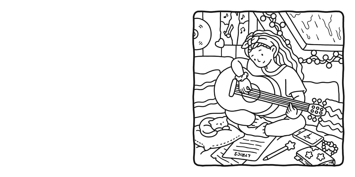 Sample Girl Moments coloring page: a girl playing guitar in her bedroom
