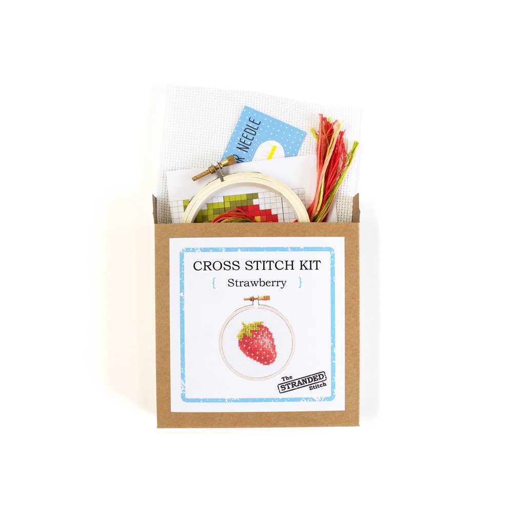 Strawberry cross stitch kit box with hoop, fabric, red and green floss and a needle card