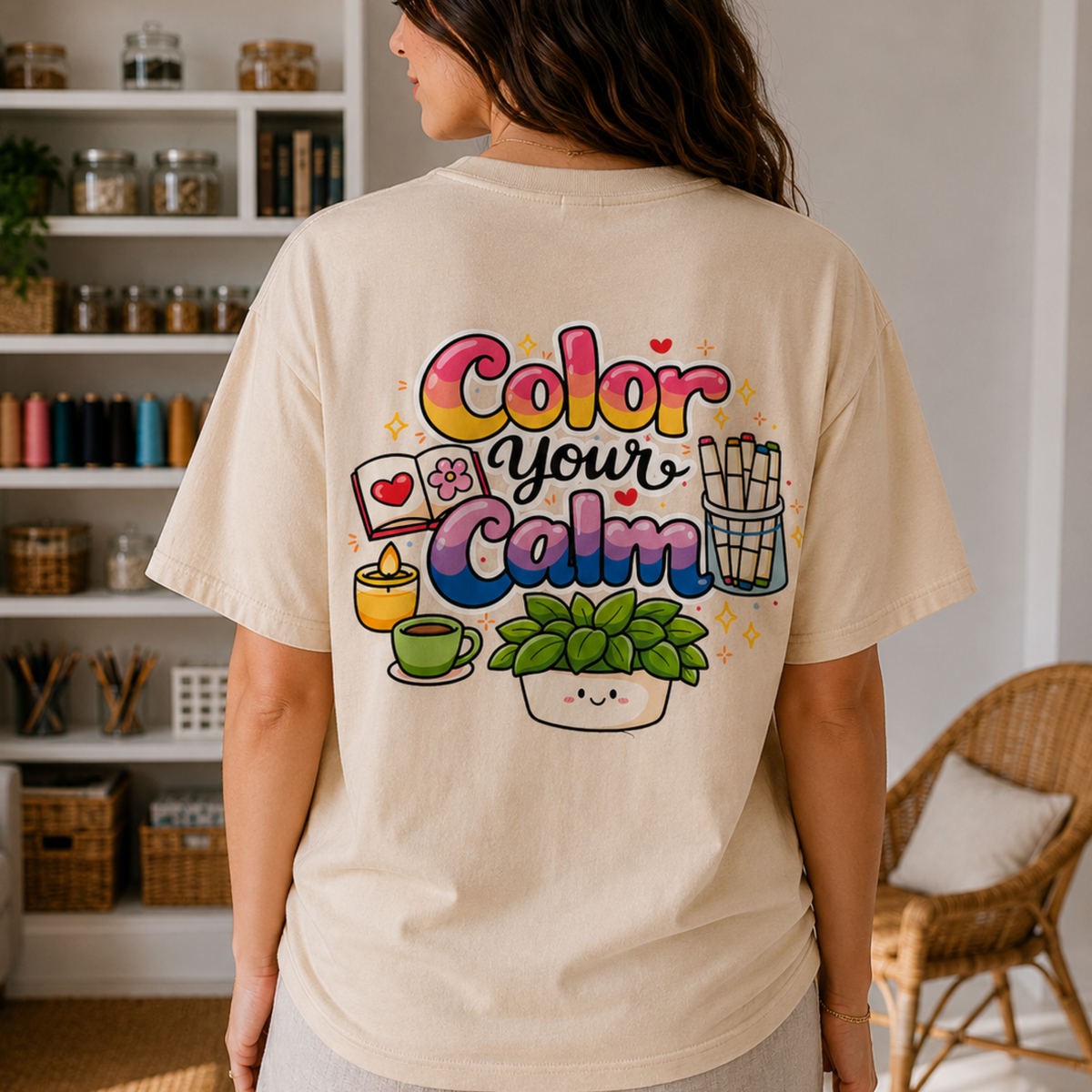 Model wearing a cream T-shirt with the Color your Calm print on the back, in a craft room