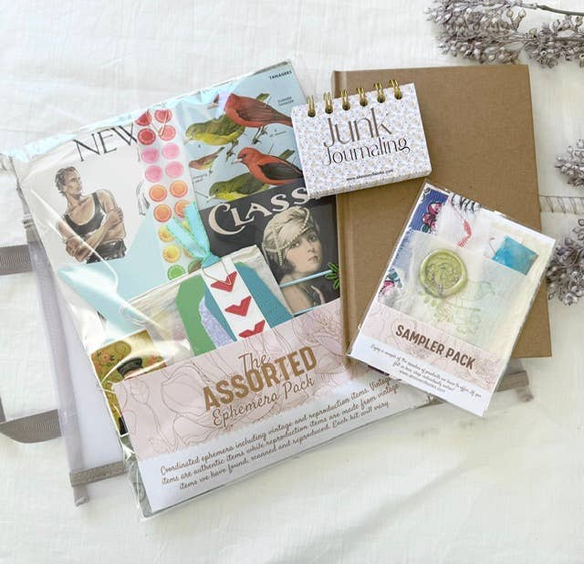 Junk journal kit with the Assorted Ephemera Pack, kraft journal, mini Junk Journaling notebook and sampler pack