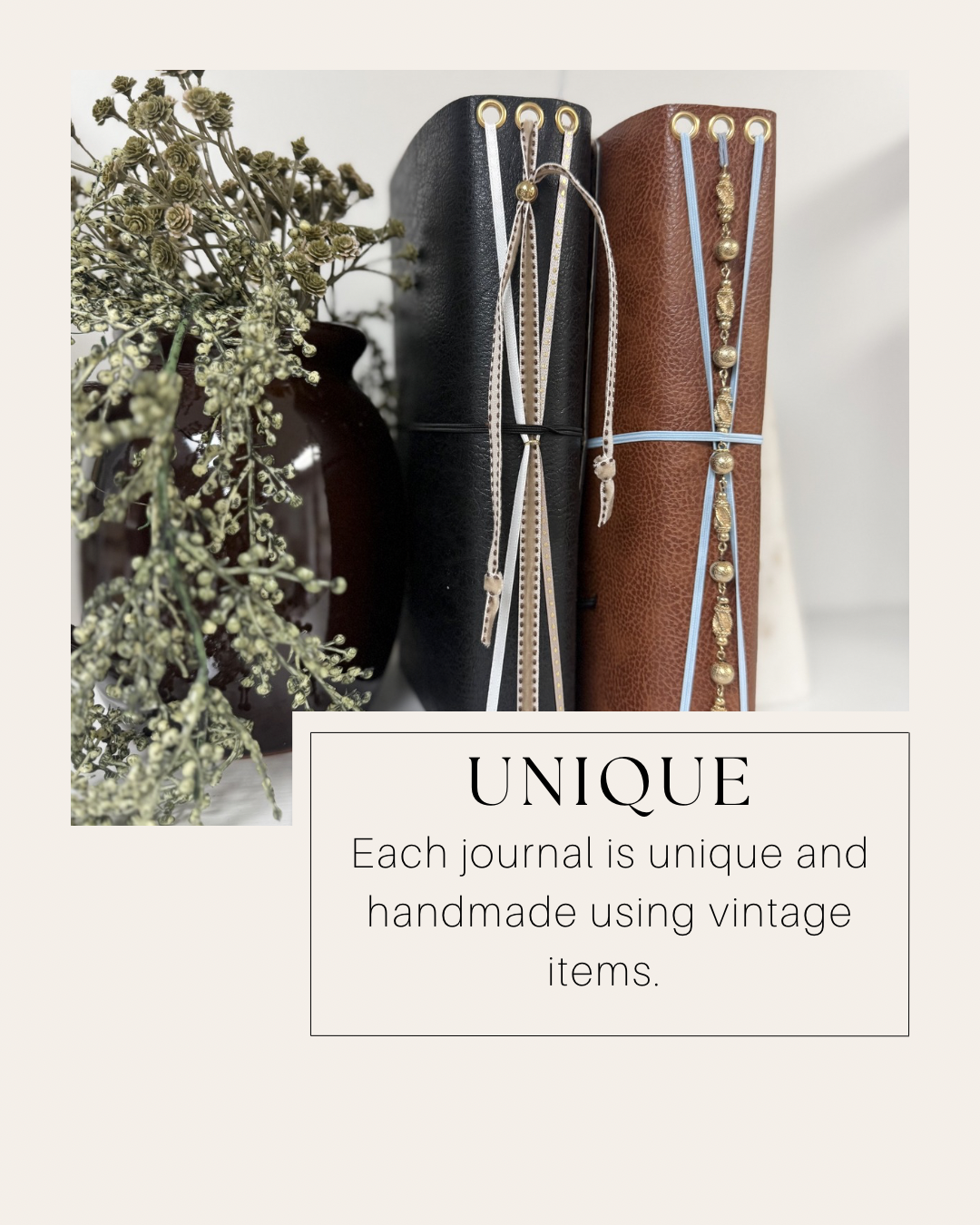 Spines of the black and brown journals with beaded ribbon bookmarks; text reads Unique, handmade using vintage items