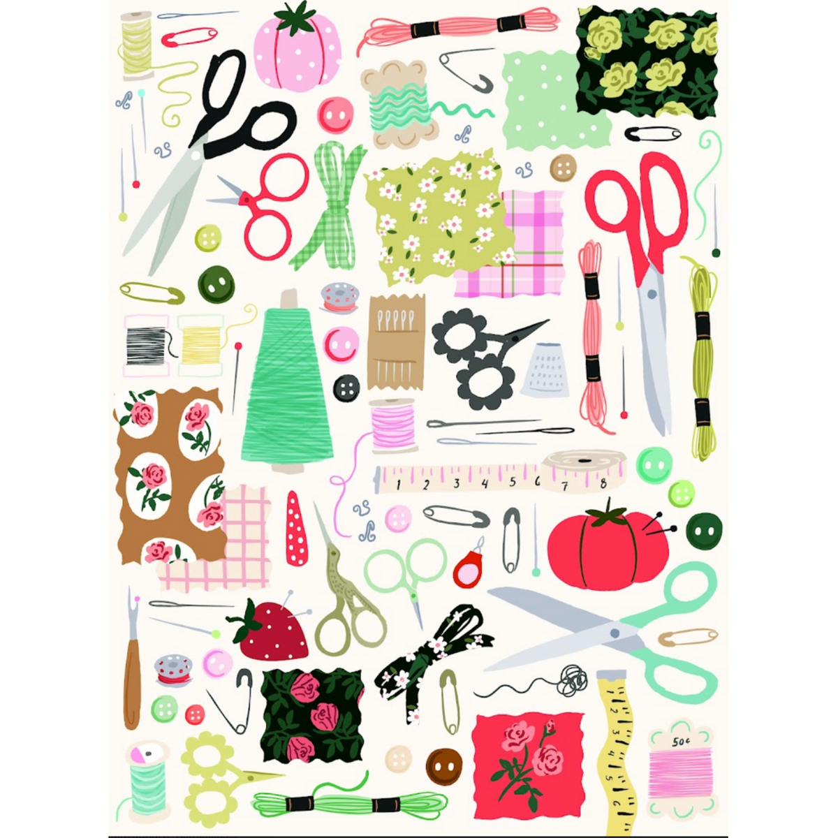 Sew Cute! puzzle artwork: scissors, spools, pincushions, tape measures, safety pins and floral fabric