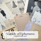Assorted ephemera sample: vintage catalog pages, an interest rate table, geometry diagrams and a portrait print; contents vary by kit