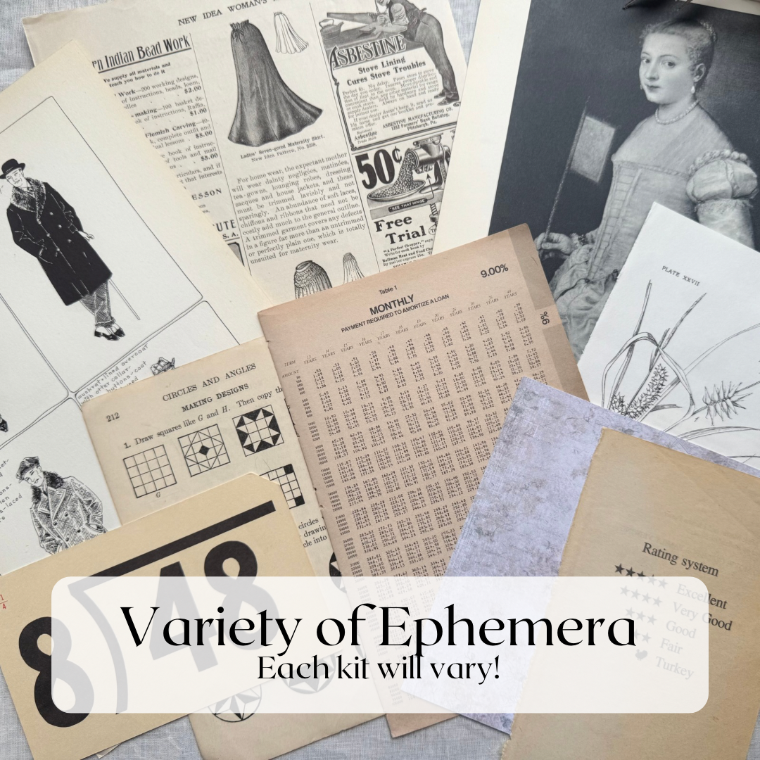Assorted ephemera sample: vintage catalog pages, an interest rate table, geometry diagrams and a portrait print; contents vary by kit