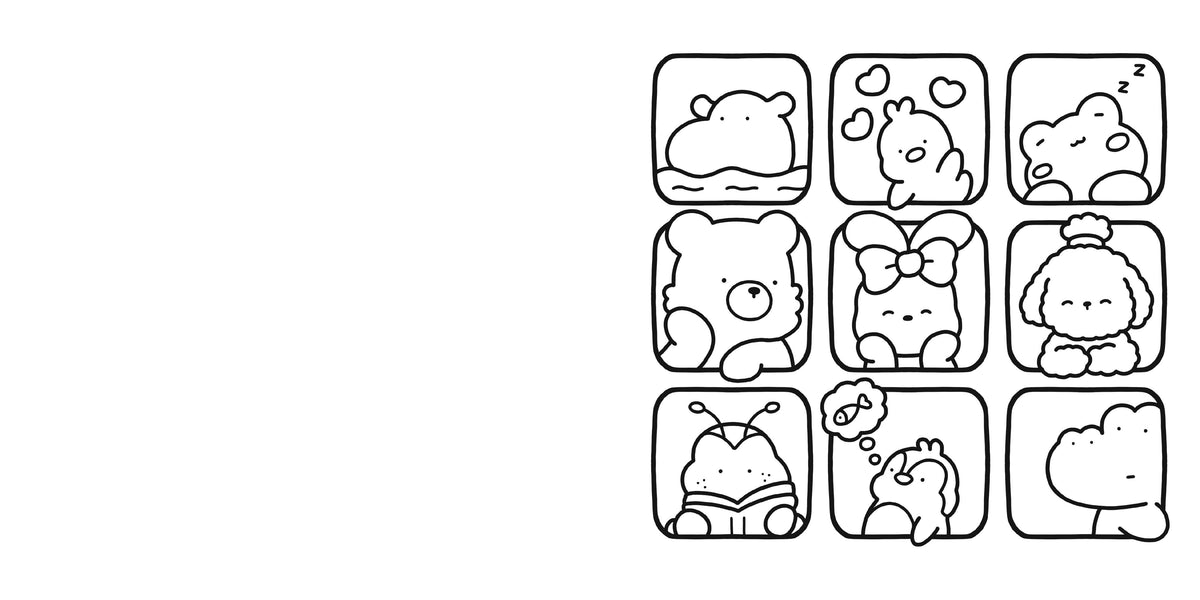Sample Cozy Friends coloring page: nine cute animals in square frames