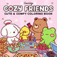 Cozy Friends coloring book cover by Coco Wyo: a bear, frog, duck and poodle playing a board game with snacks