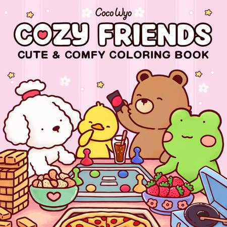 Cozy Friends coloring book cover by Coco Wyo: a bear, frog, duck and poodle playing a board game with snacks