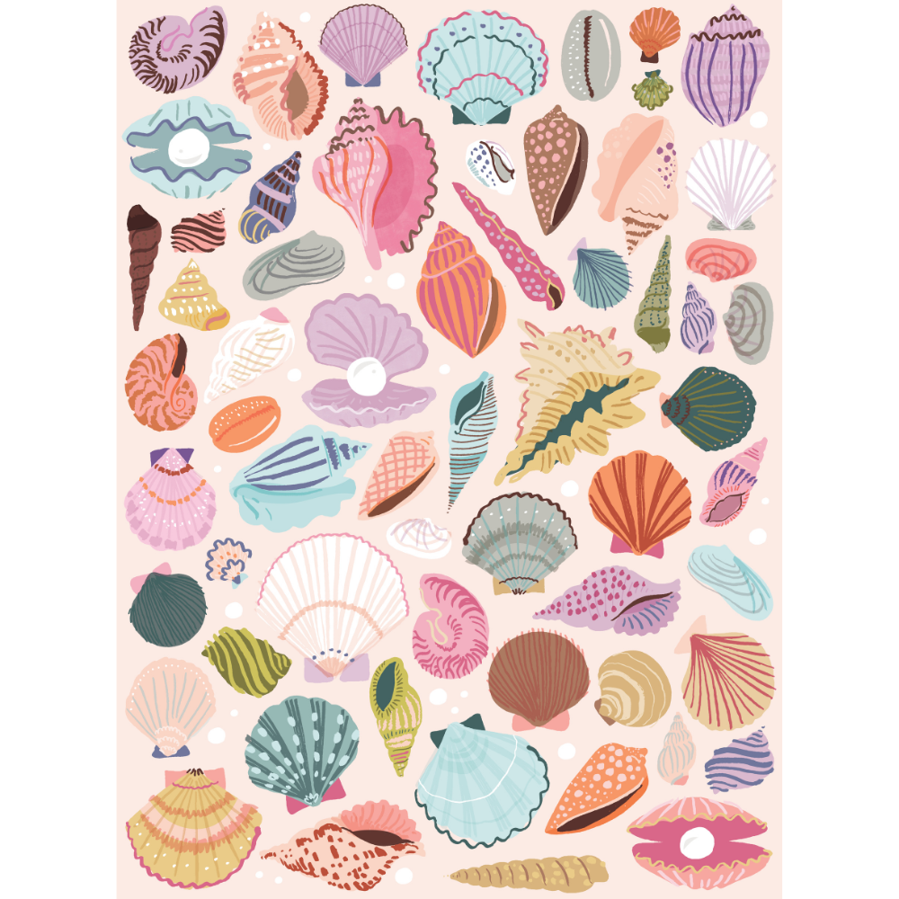 Seashells by the Seashore puzzle artwork: dozens of pastel illustrated shells and pearls on pink