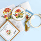 Mushroom cross stitch kit contents: pattern, fabric, hoop, floss and a needle card