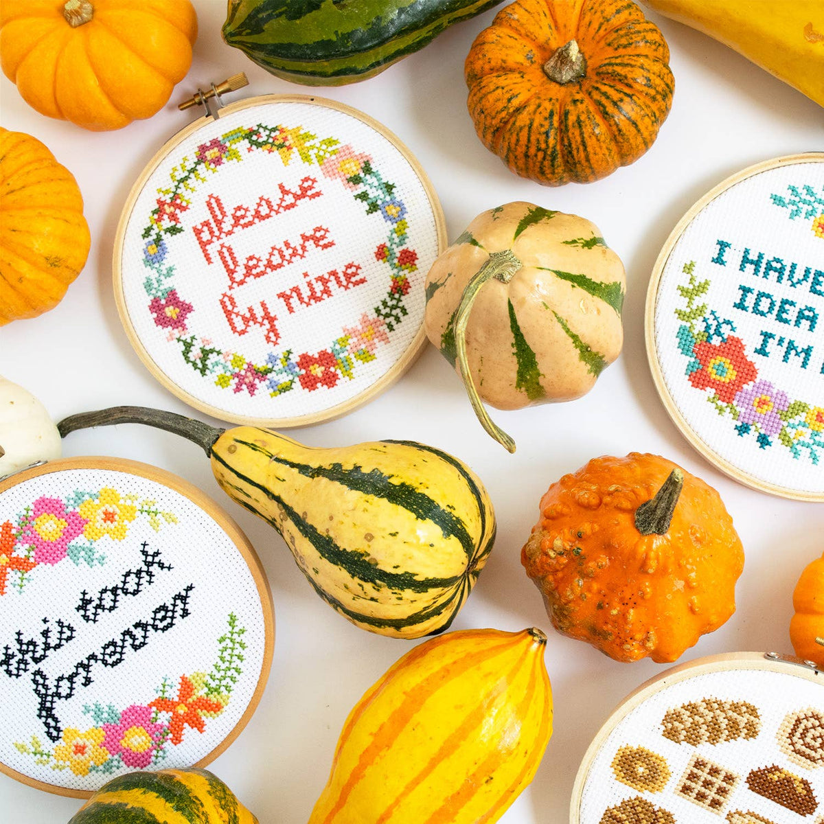 "This took forever" and other Stranded Stitch cross stitch hoops styled among autumn gourds and pumpkins