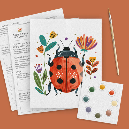 Ladybug watercolor kit: printed ladybug and flower outline, eight-color paint card, brush and practice sheets