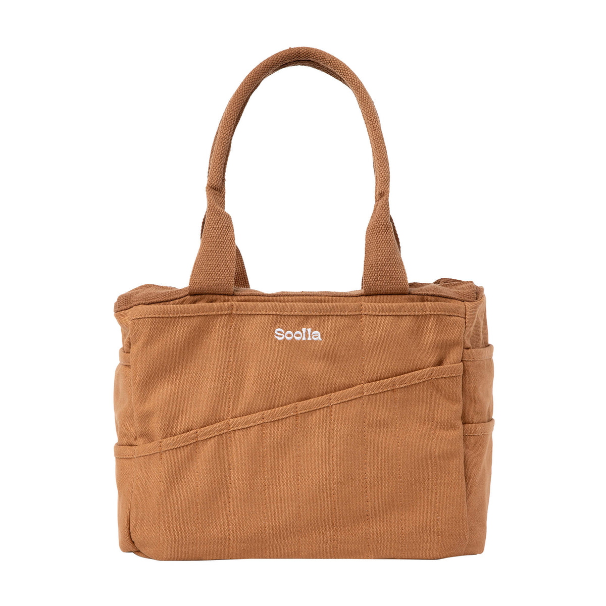 Front of the cinnamon brown Soolla craft bag with slanted tool pockets