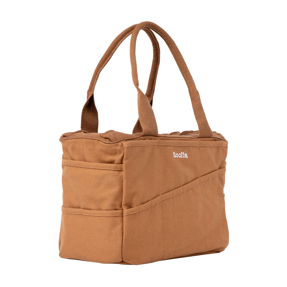 Angled view of the cinnamon brown Soolla craft bag