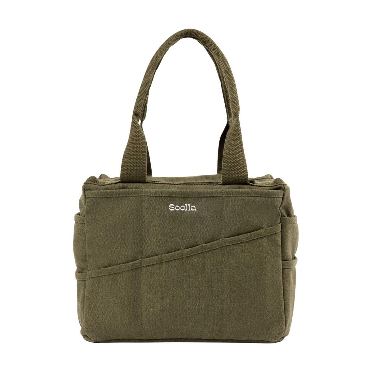 Front of the olive green Soolla craft bag with slanted tool pockets
