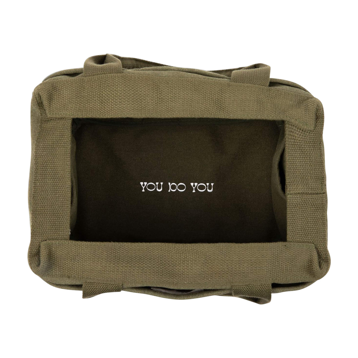 Top view inside the olive green Soolla craft bag, lining printed "You do you"